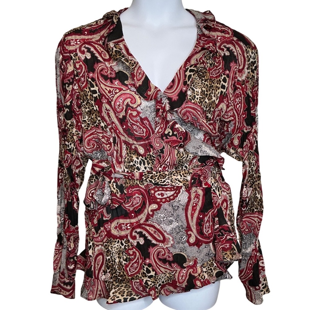 Sunny Leigh Womens Wrap Style Blouse Size 3X Paisley Leopard Print Artsy Boho